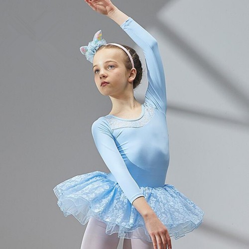 Girls long-sleeved exercise tutu skirts pink blue lace practice gymnastics children's ballet test performance dress